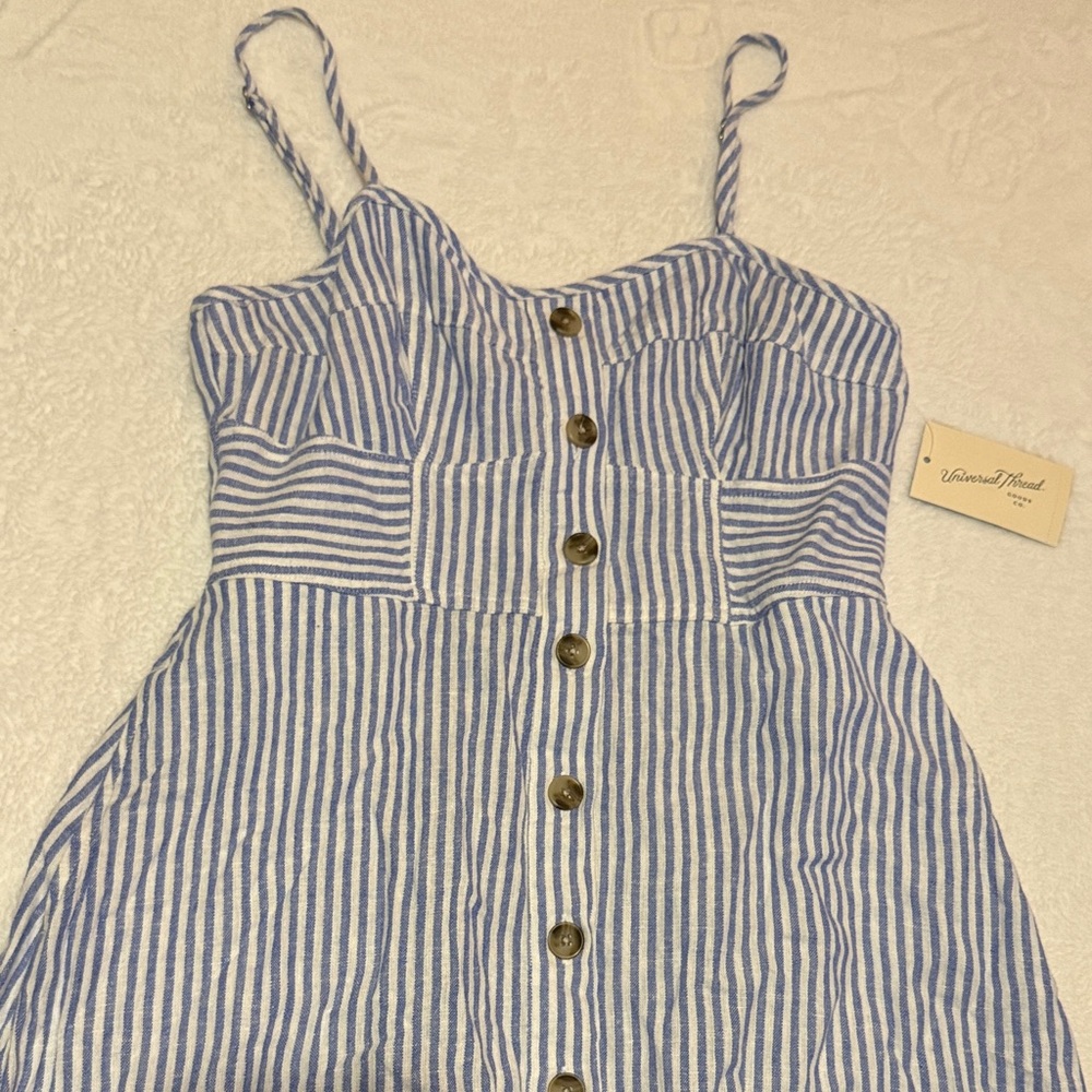 Blue and White Striped Linen Sundress with buttons, pockets and adjustable strap